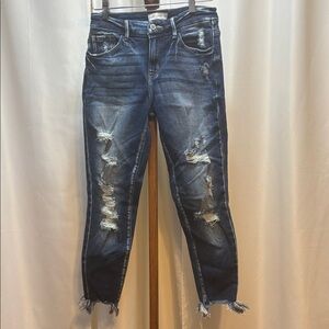 KanCan Women’s Distressed Mid Rise Ankle Skinny Jeans in Deep Blue